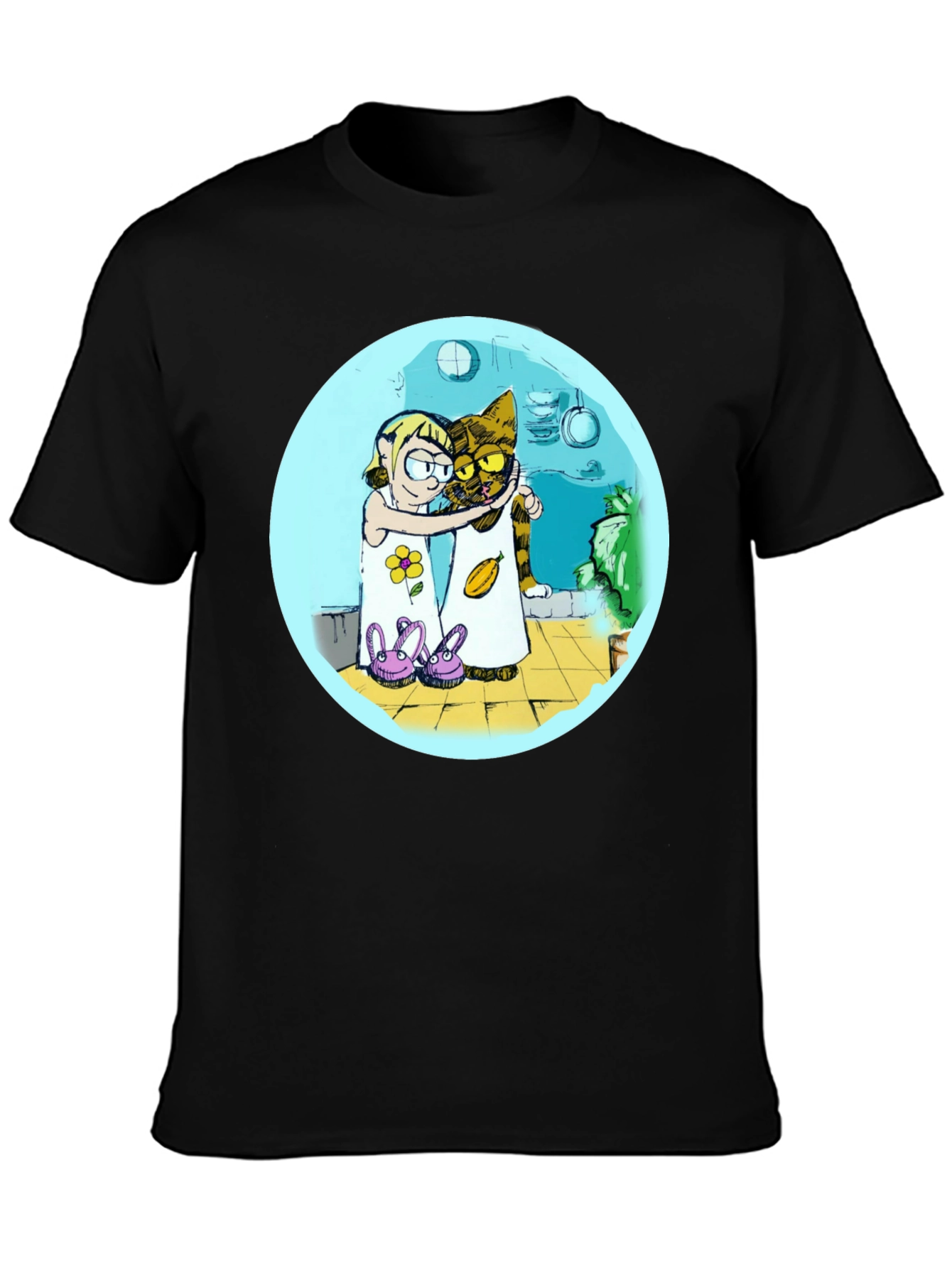 Cartoon Girl and Cat Graphic T-Shirt