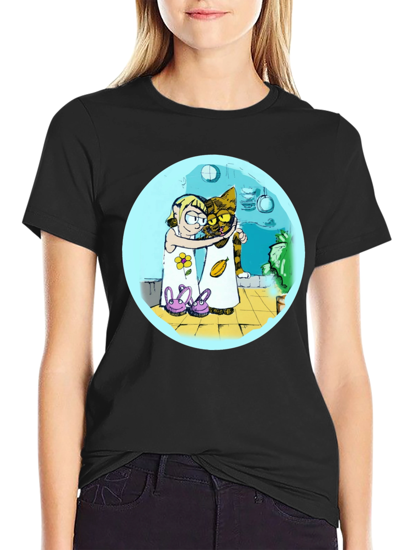 Cartoon Girl and Cat Graphic T-Shirt