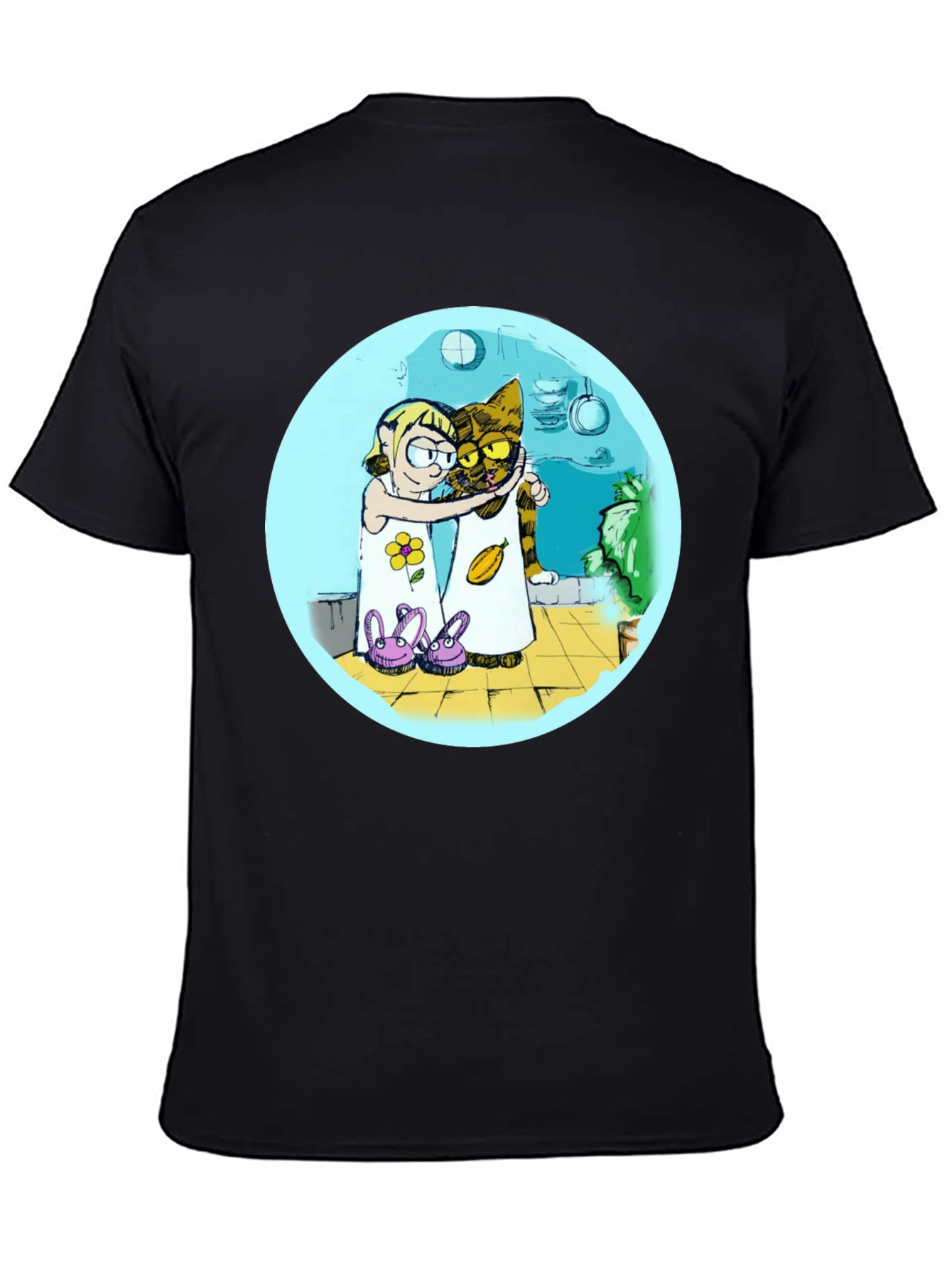 Cartoon Girl and Cat Graphic T-Shirt