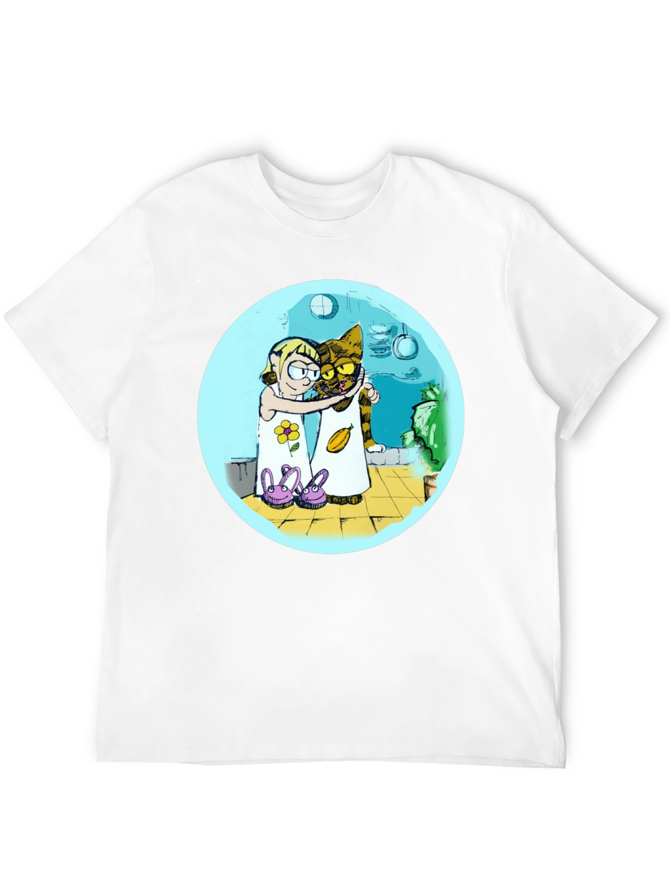 Cartoon Girl and Cat Graphic T-Shirt