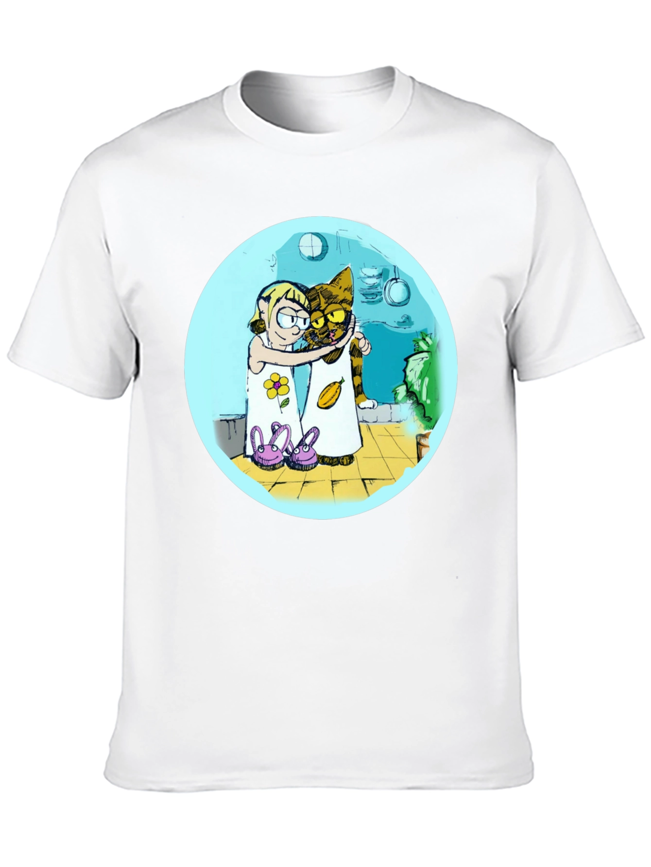 Cartoon Girl and Cat Graphic T-Shirt