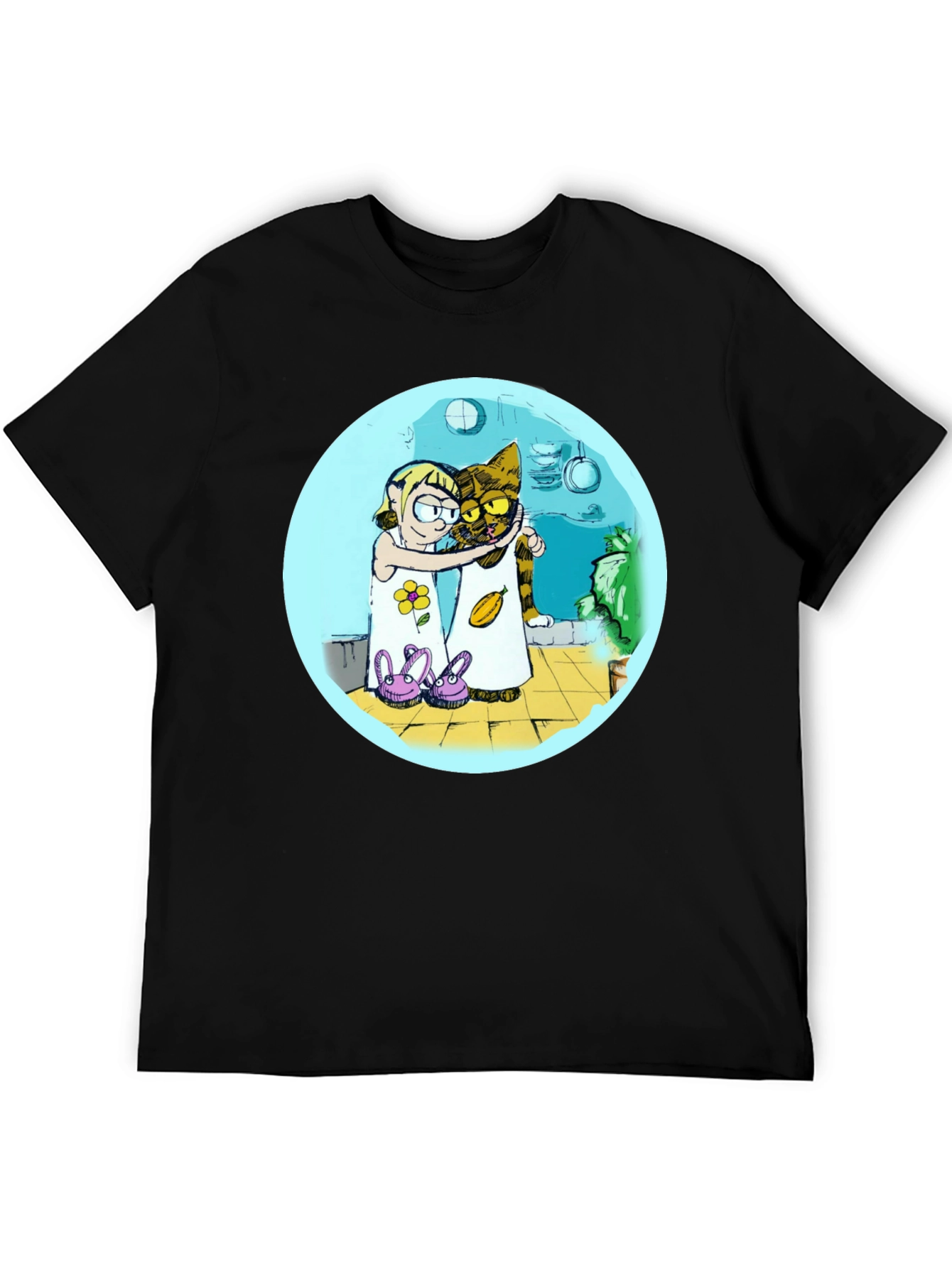 Cartoon Girl and Cat Graphic T-Shirt