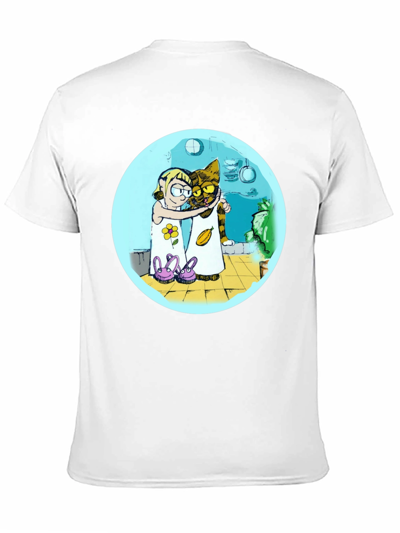Cartoon Girl and Cat Graphic T-Shirt