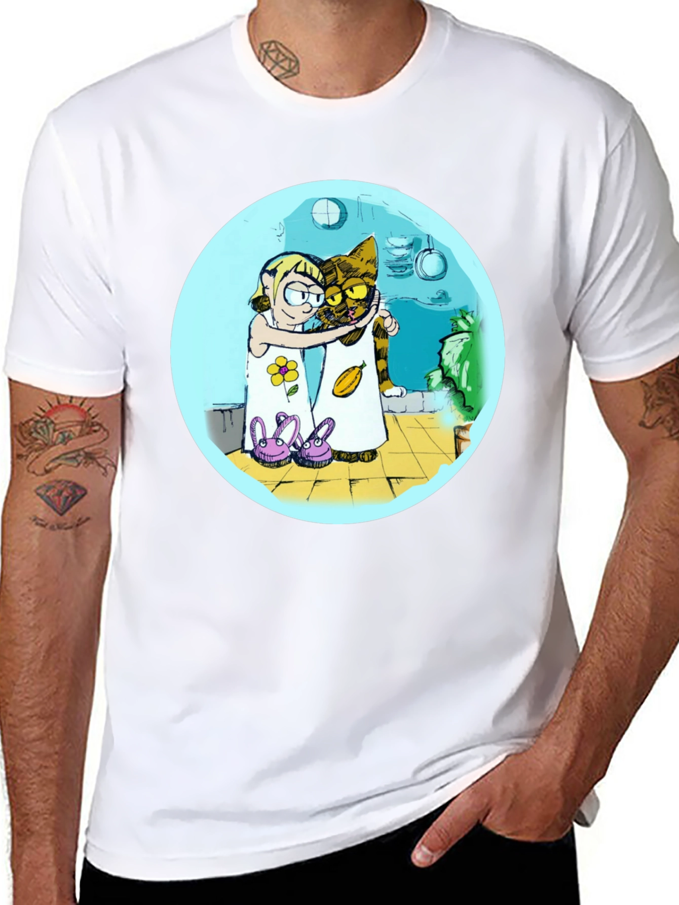 Cartoon Girl and Cat Graphic T-Shirt