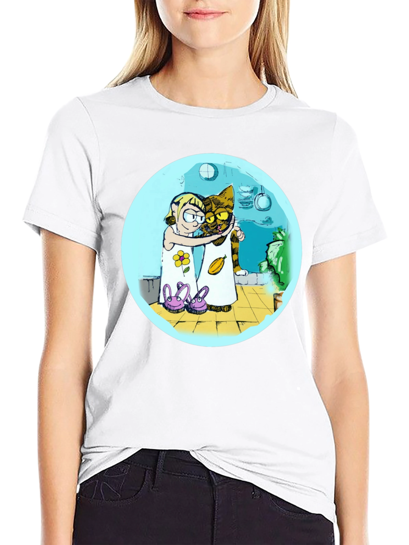 Cartoon Girl and Cat Graphic T-Shirt