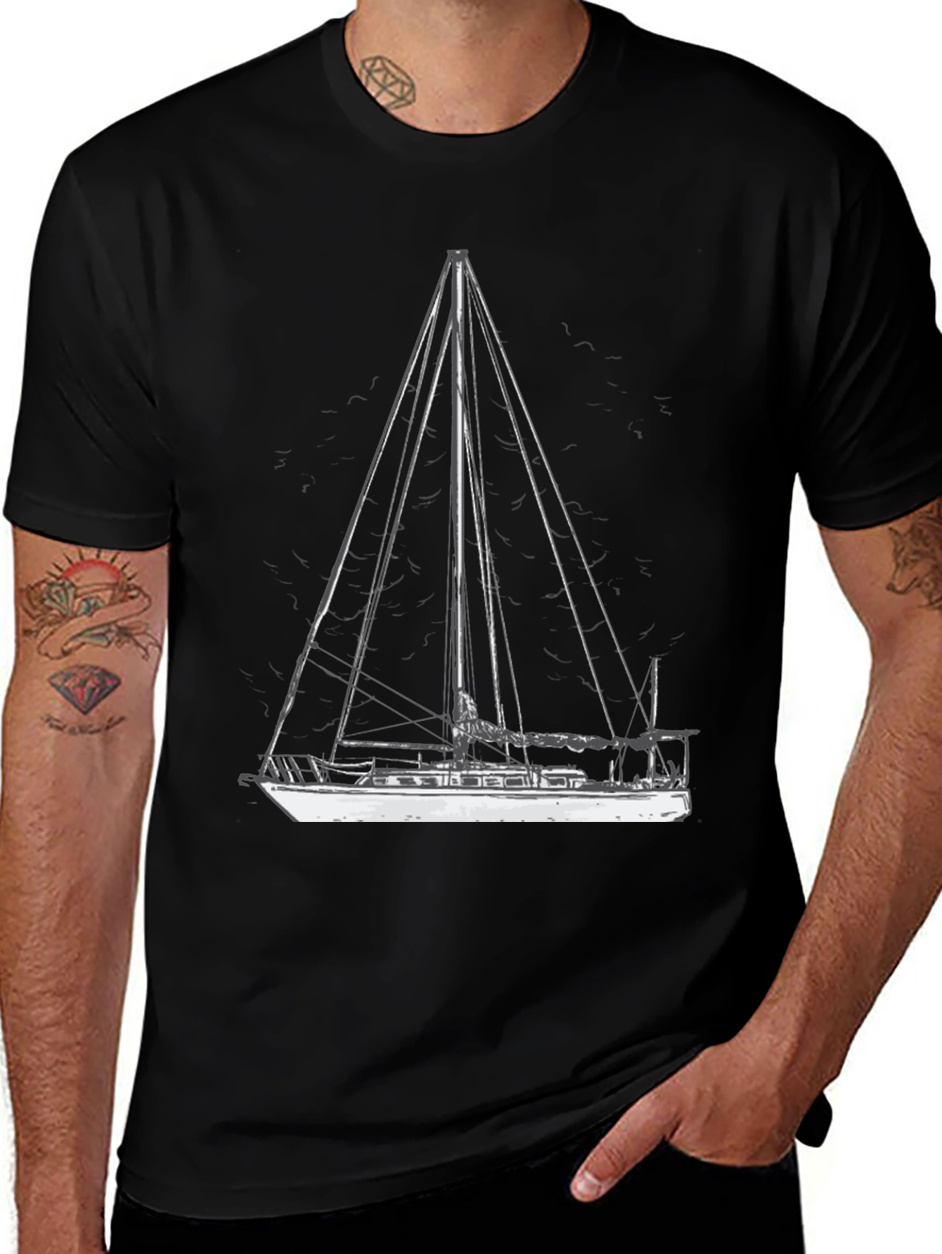 Nautical Sailboat Graphic Tee - Black Cotton T-Shirt