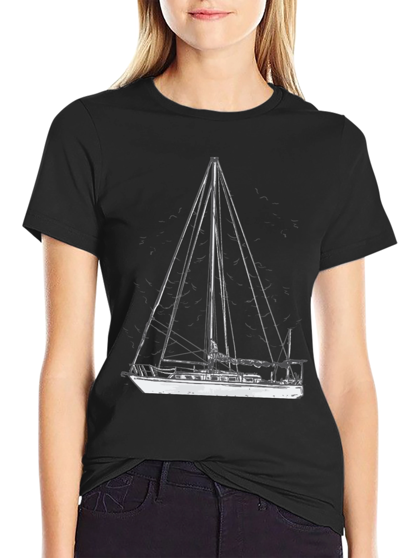 Nautical Sailboat Graphic Tee - Black Cotton T-Shirt