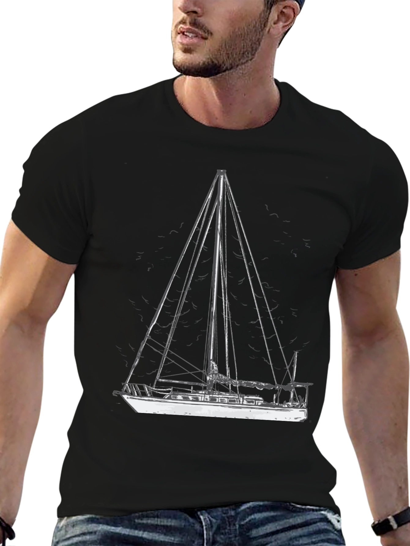 Nautical Sailboat Graphic Tee - Black Cotton T-Shirt