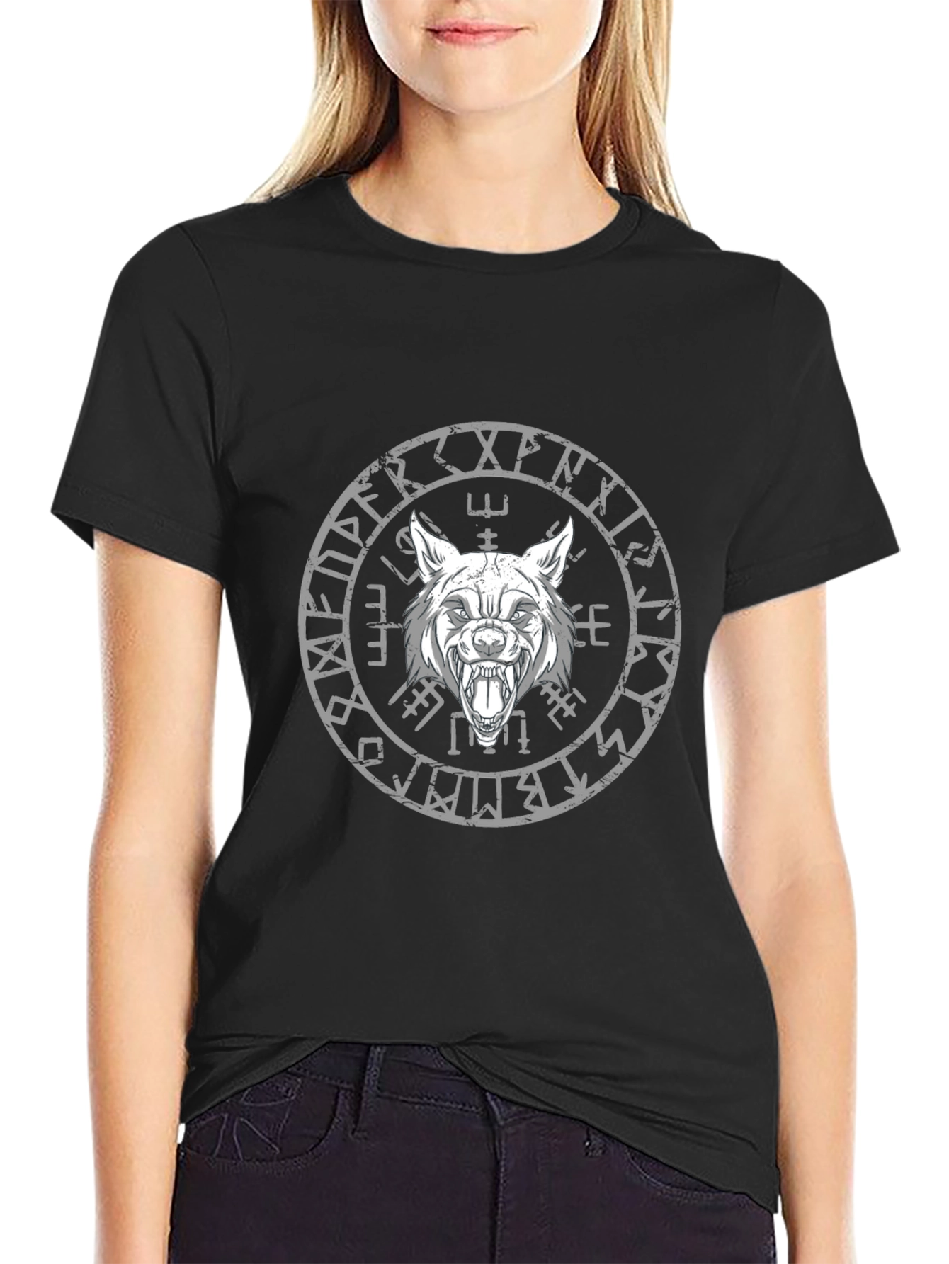 Wolf Head Viking Rune Circle Graphic Black T-Shirt