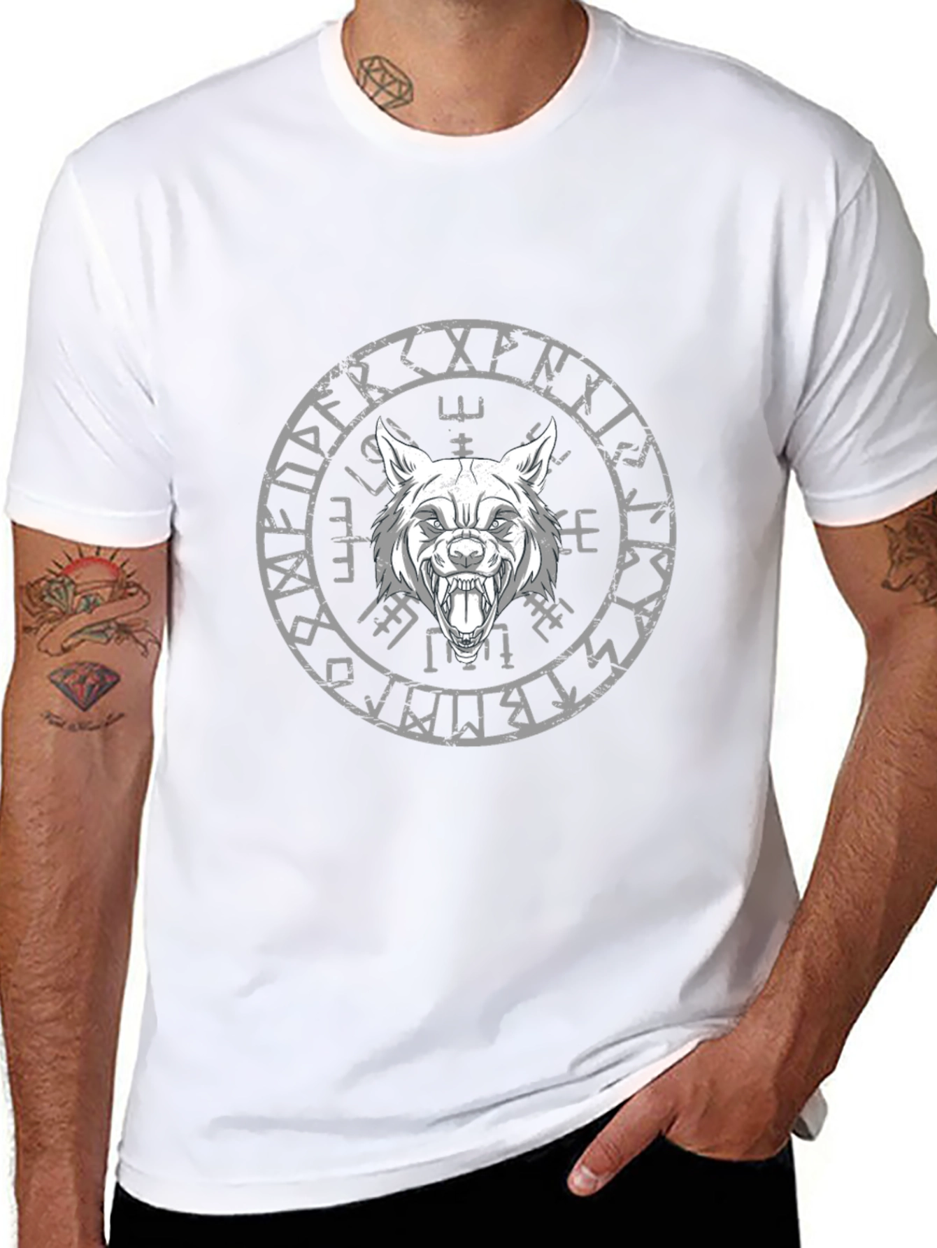 Wolf Head Viking Rune Circle Graphic Black T-Shirt