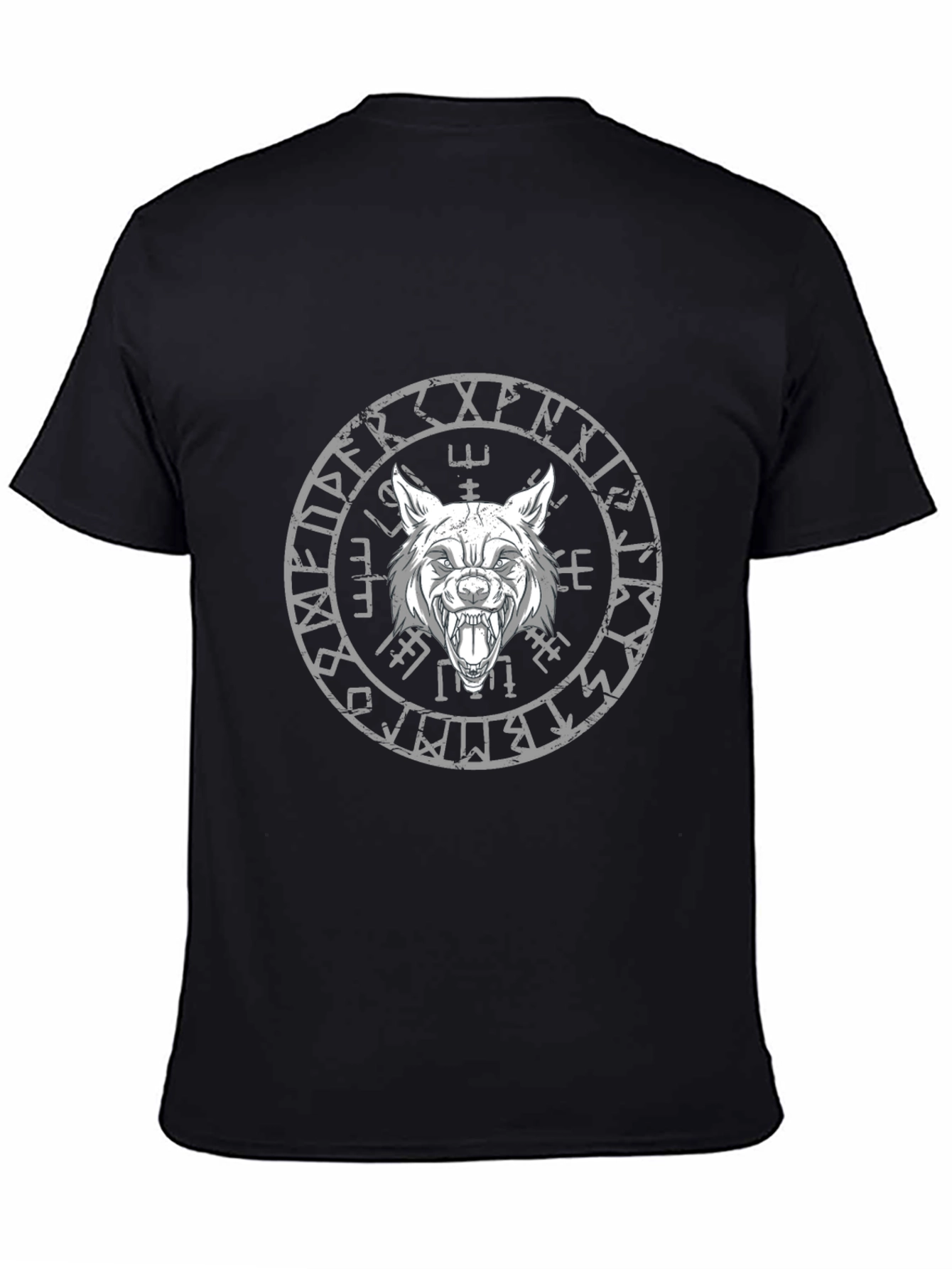 Wolf Head Viking Rune Circle Graphic Black T-Shirt