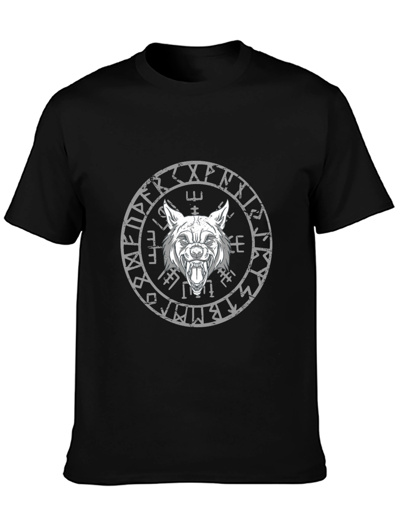 Wolf Head Viking Rune Circle Graphic Black T-Shirt
