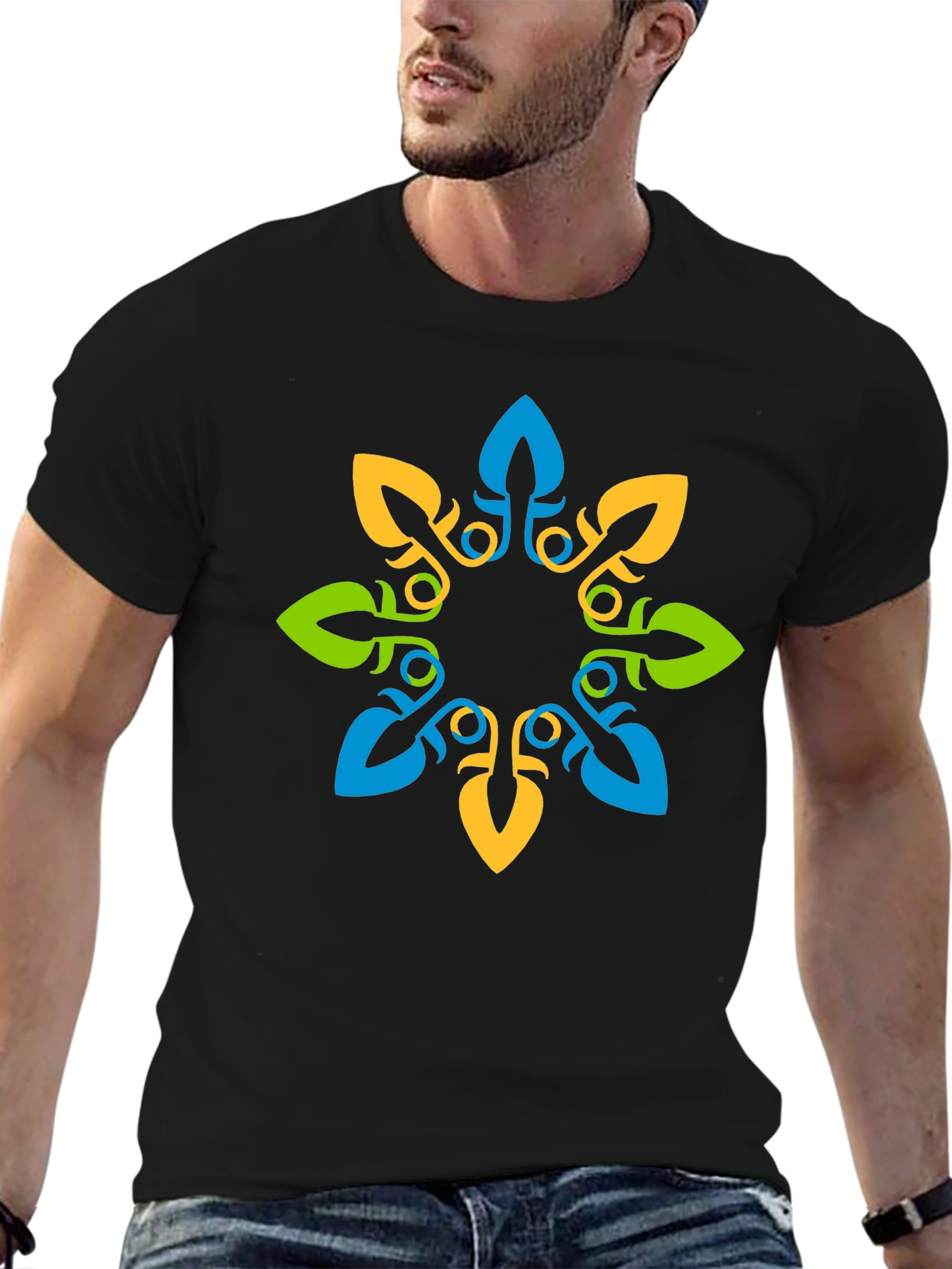 Geometric Floral Print Black T-Shirt