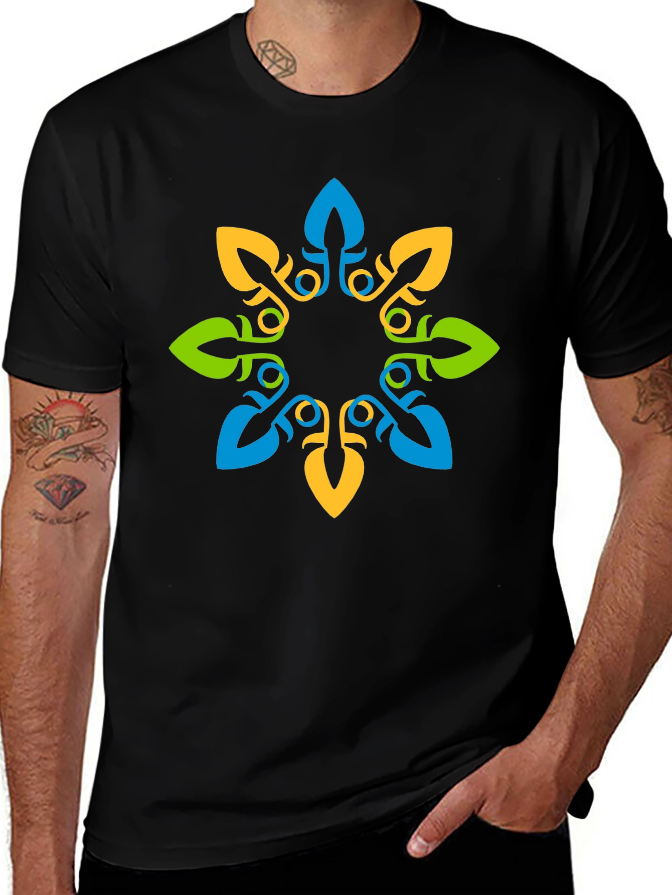 Geometric Floral Print Black T-Shirt