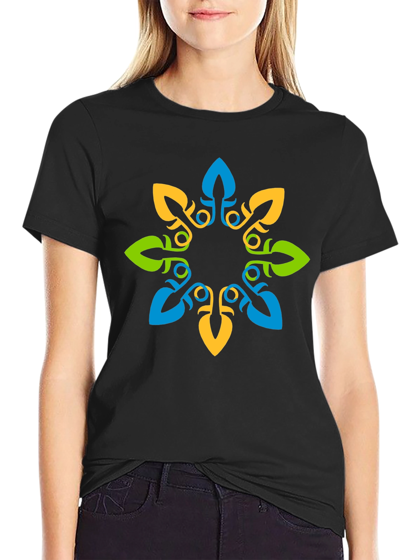 Geometric Floral Print Black T-Shirt