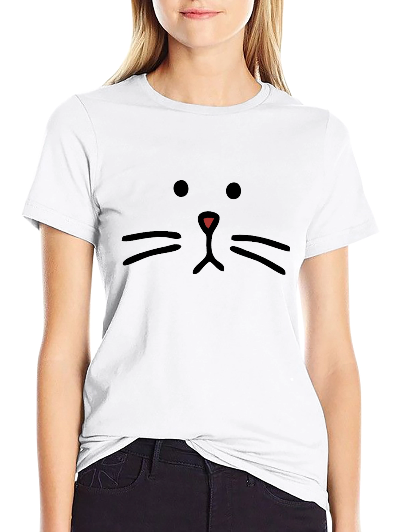 Cute Cat Face Graphic Tee - Black Cotton T-Shirt