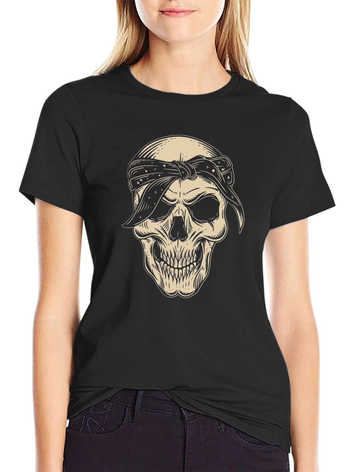 Skull Bandana Graphic Tee - Black Cotton Blend