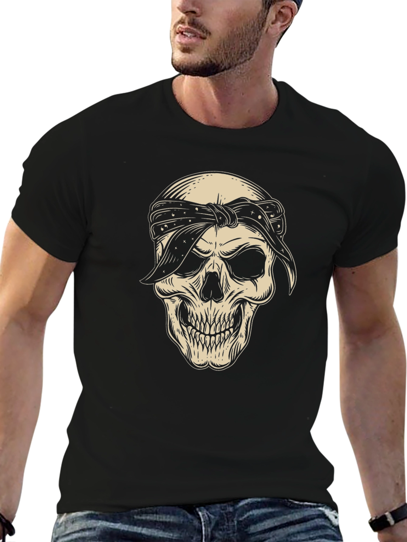 Skull Bandana Graphic Tee - Black Cotton Blend