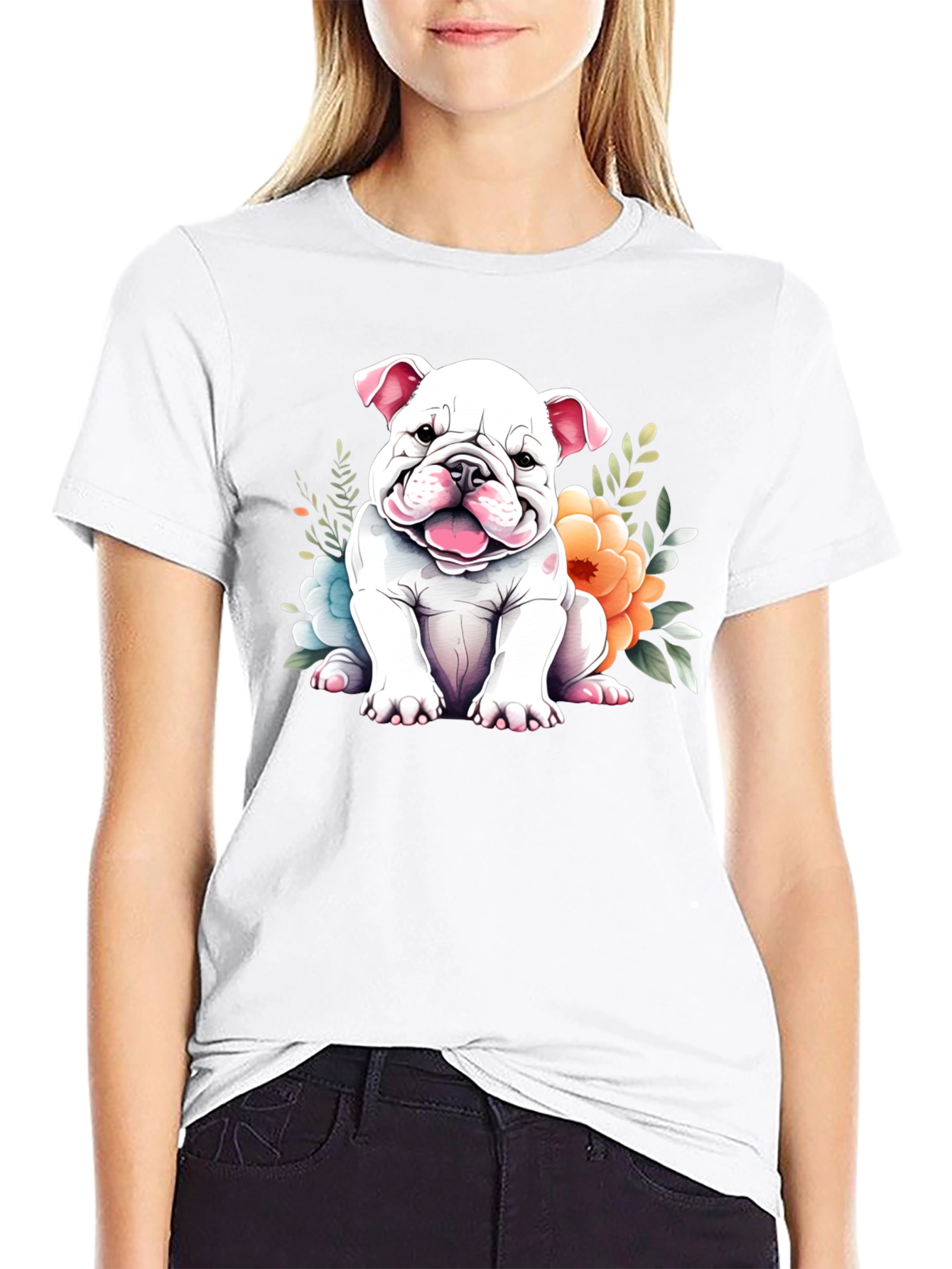 Cute Bulldog Puppy Floral T-Shirt