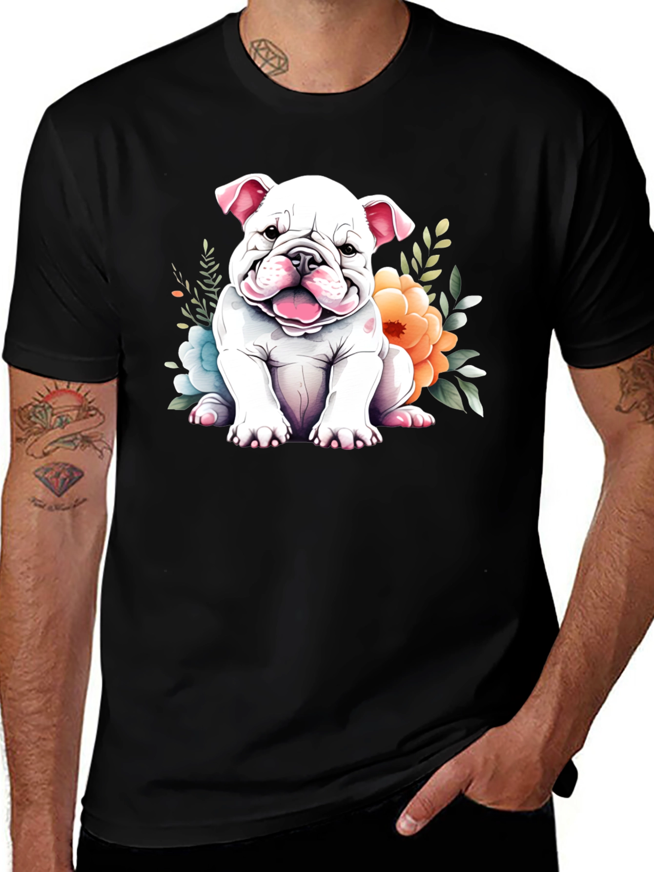 Cute Bulldog Puppy Floral T-Shirt