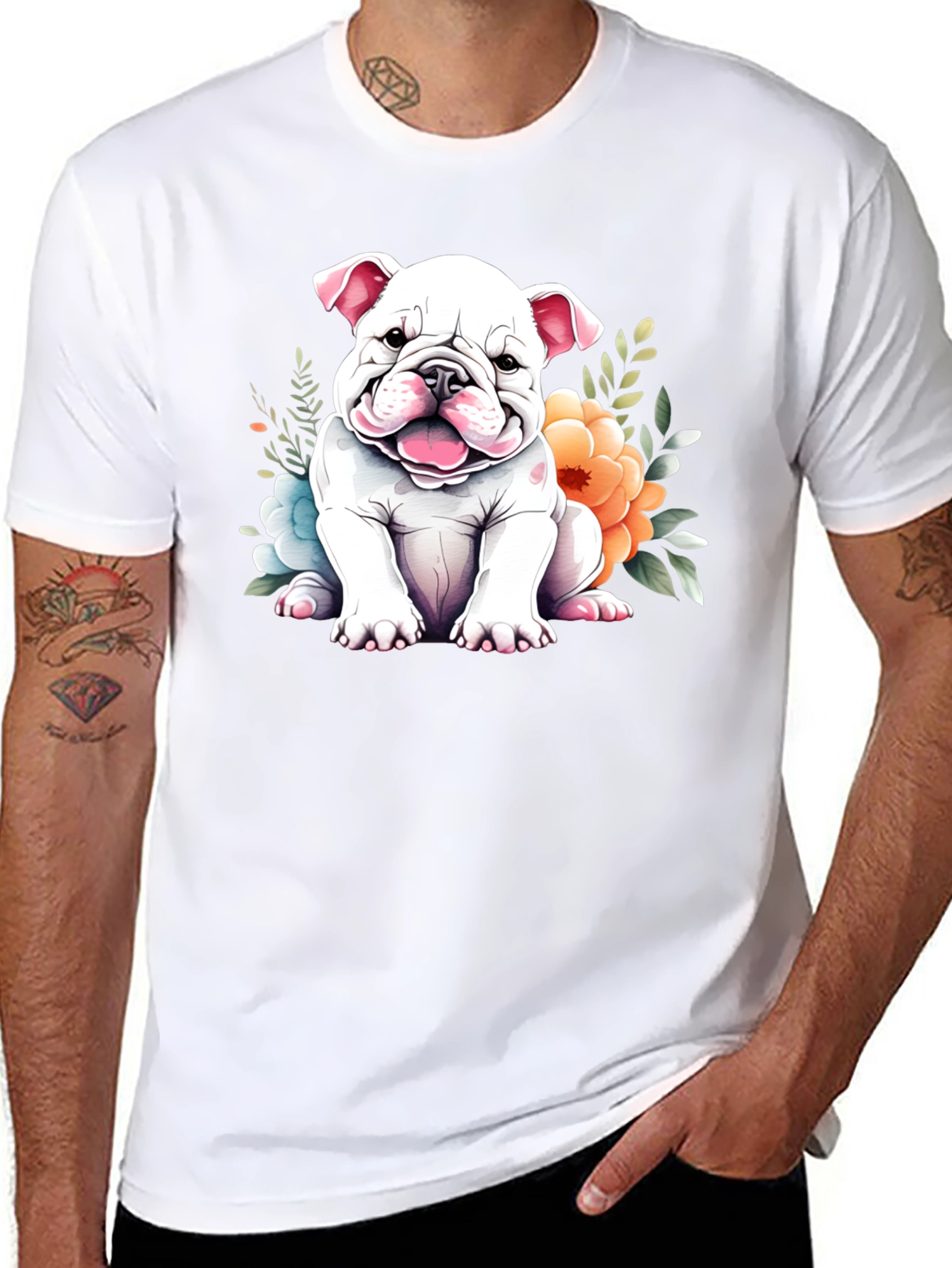 Cute Bulldog Puppy Floral T-Shirt