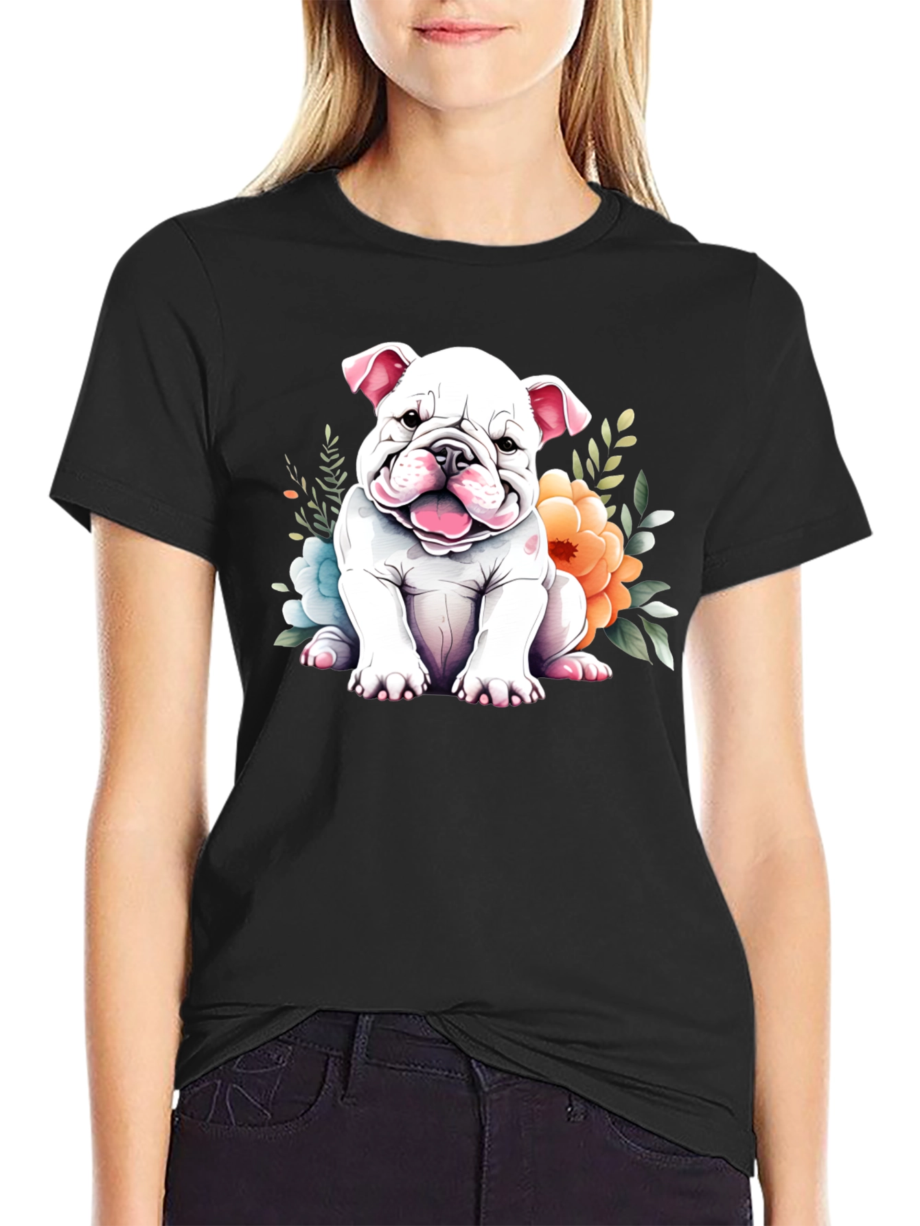 Cute Bulldog Puppy Floral T-Shirt