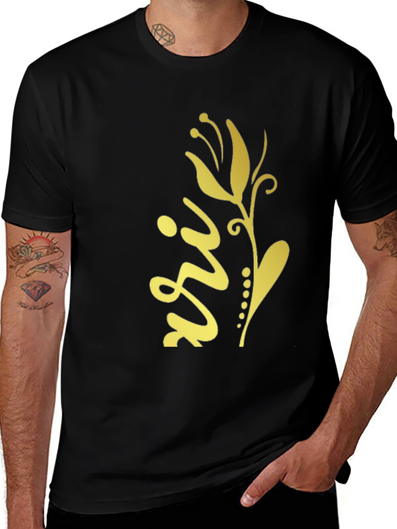 Stylish Black Tee with Gold Floral Design