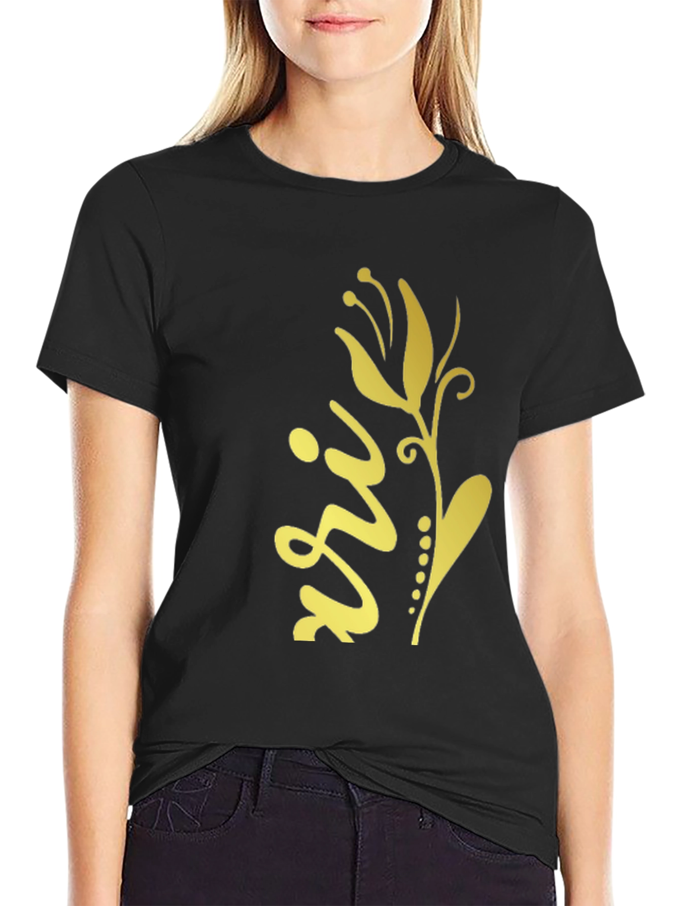 Stylish Black Tee with Gold Floral Design