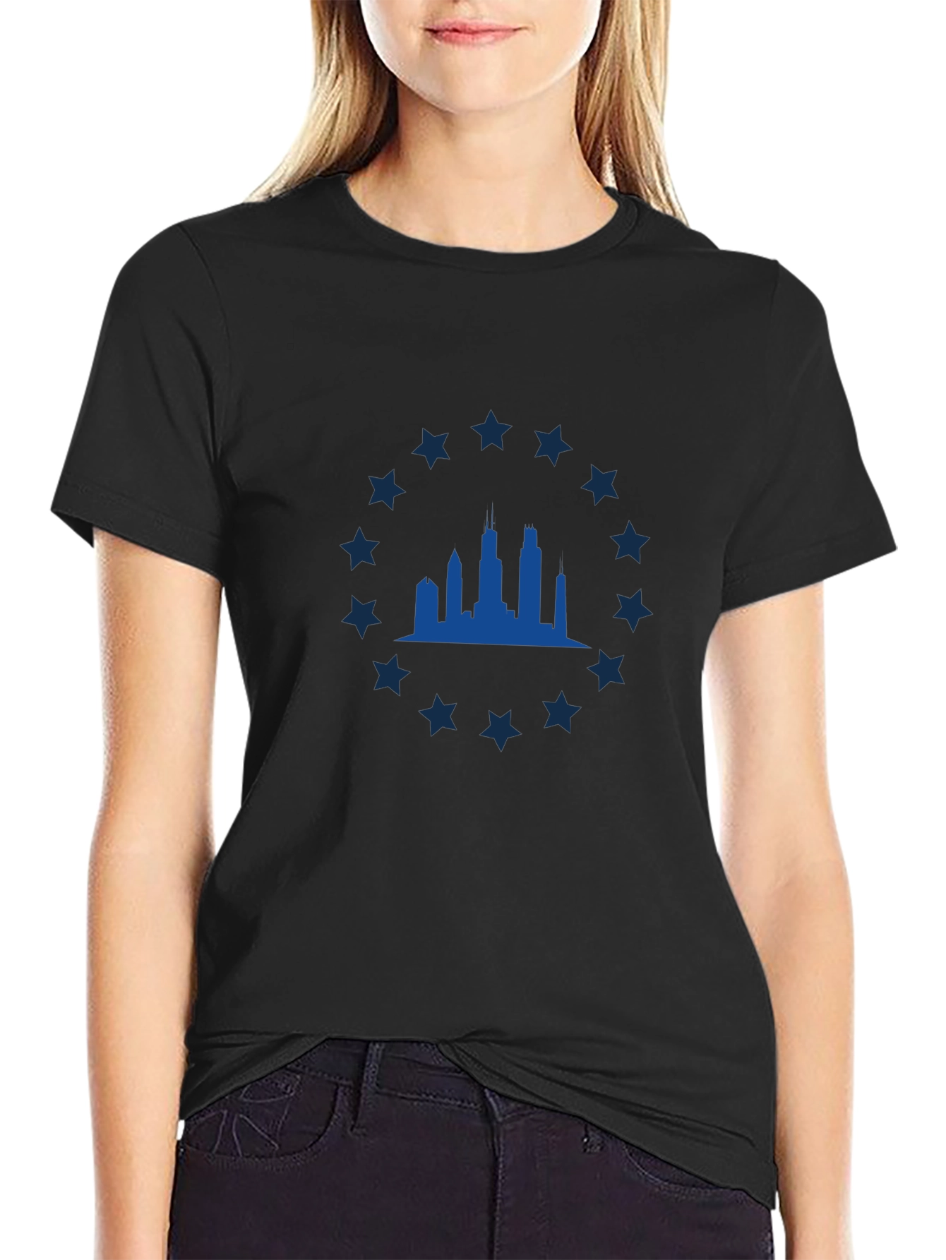 Chicago Skyline Star Tee - Classic Black Graphic T-Shirt