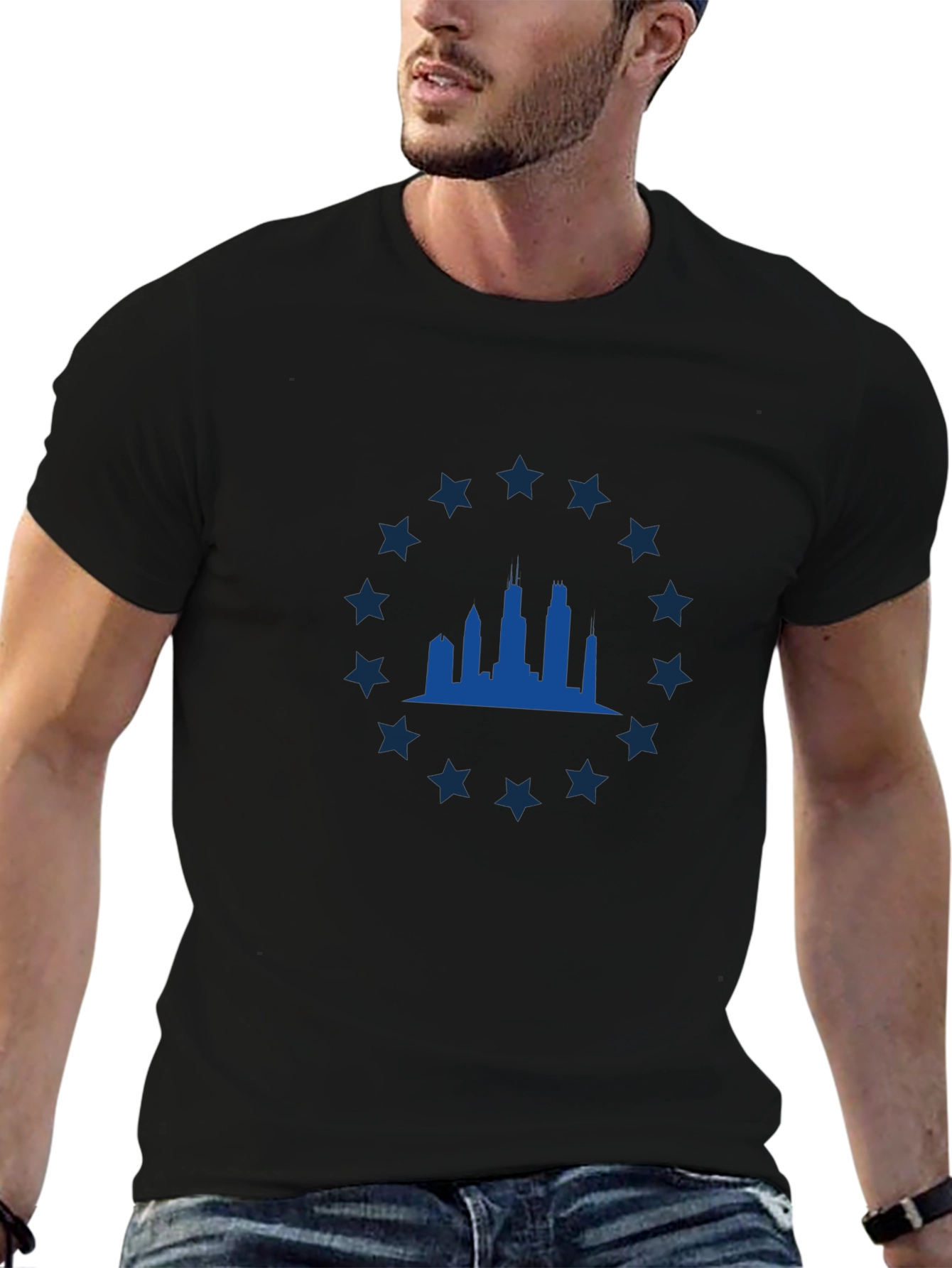 Chicago Skyline Star Tee - Classic Black Graphic T-Shirt