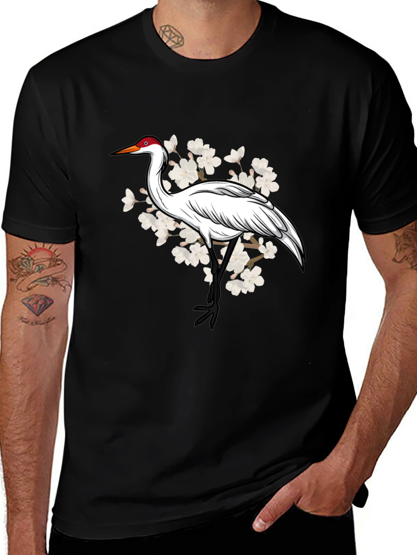 Crane and Cherry Blossom Graphic T-Shirt
