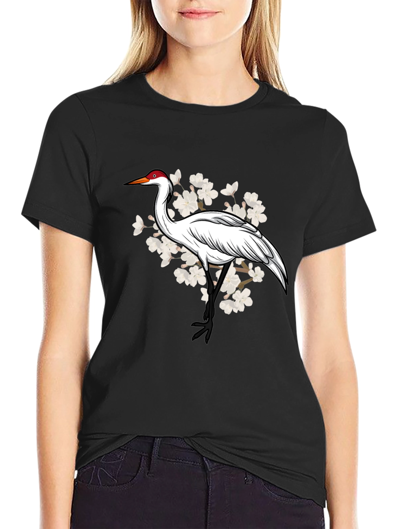 Crane and Cherry Blossom Graphic T-Shirt