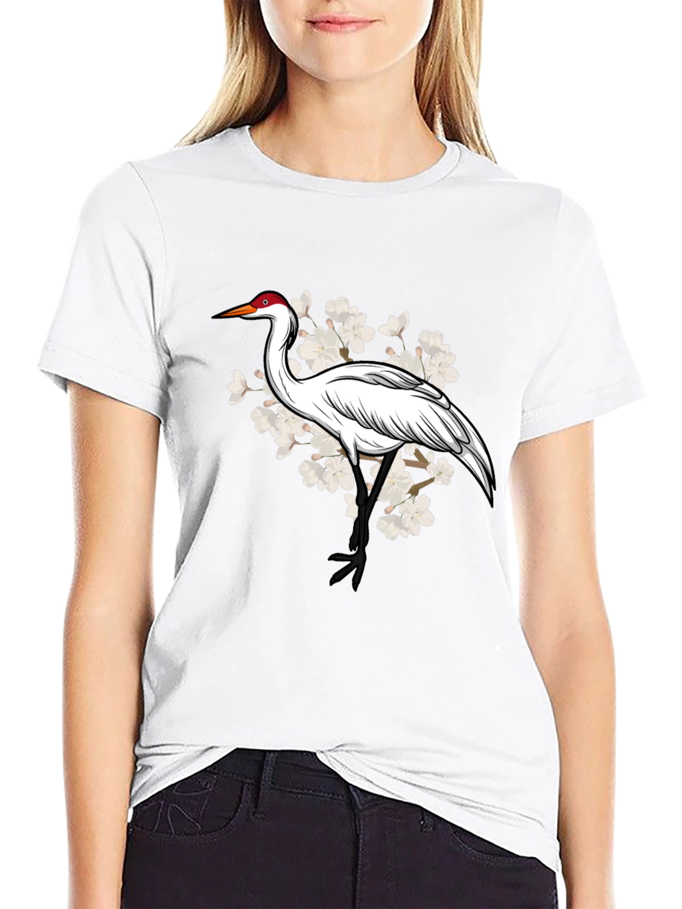 Crane and Cherry Blossom Graphic T-Shirt