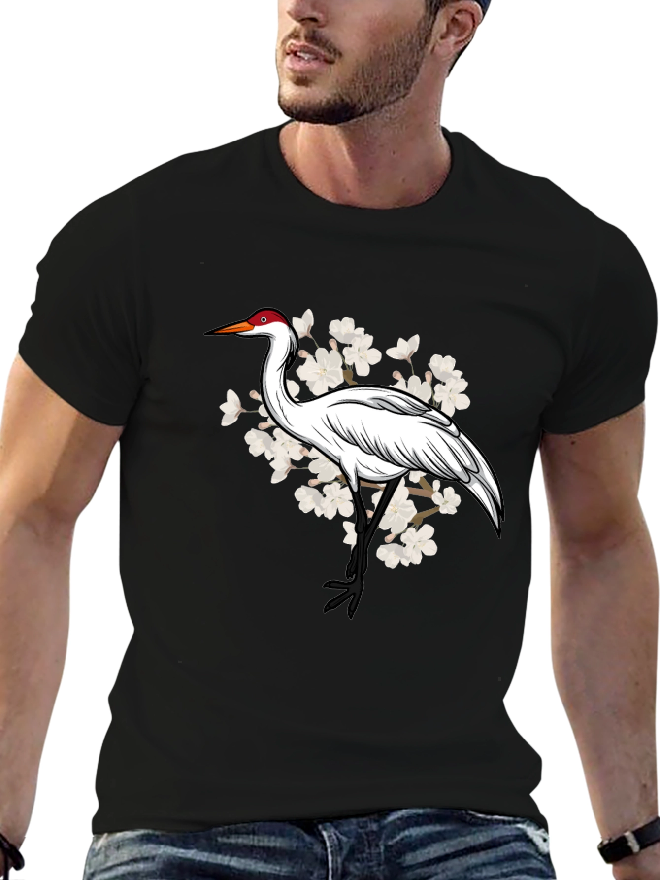 Crane and Cherry Blossom Graphic T-Shirt
