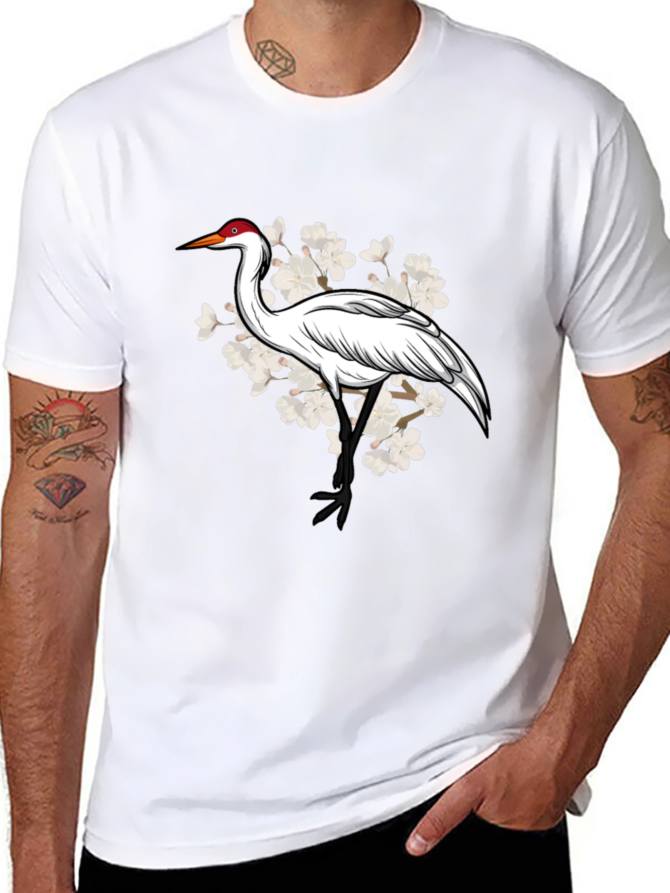 Crane and Cherry Blossom Graphic T-Shirt