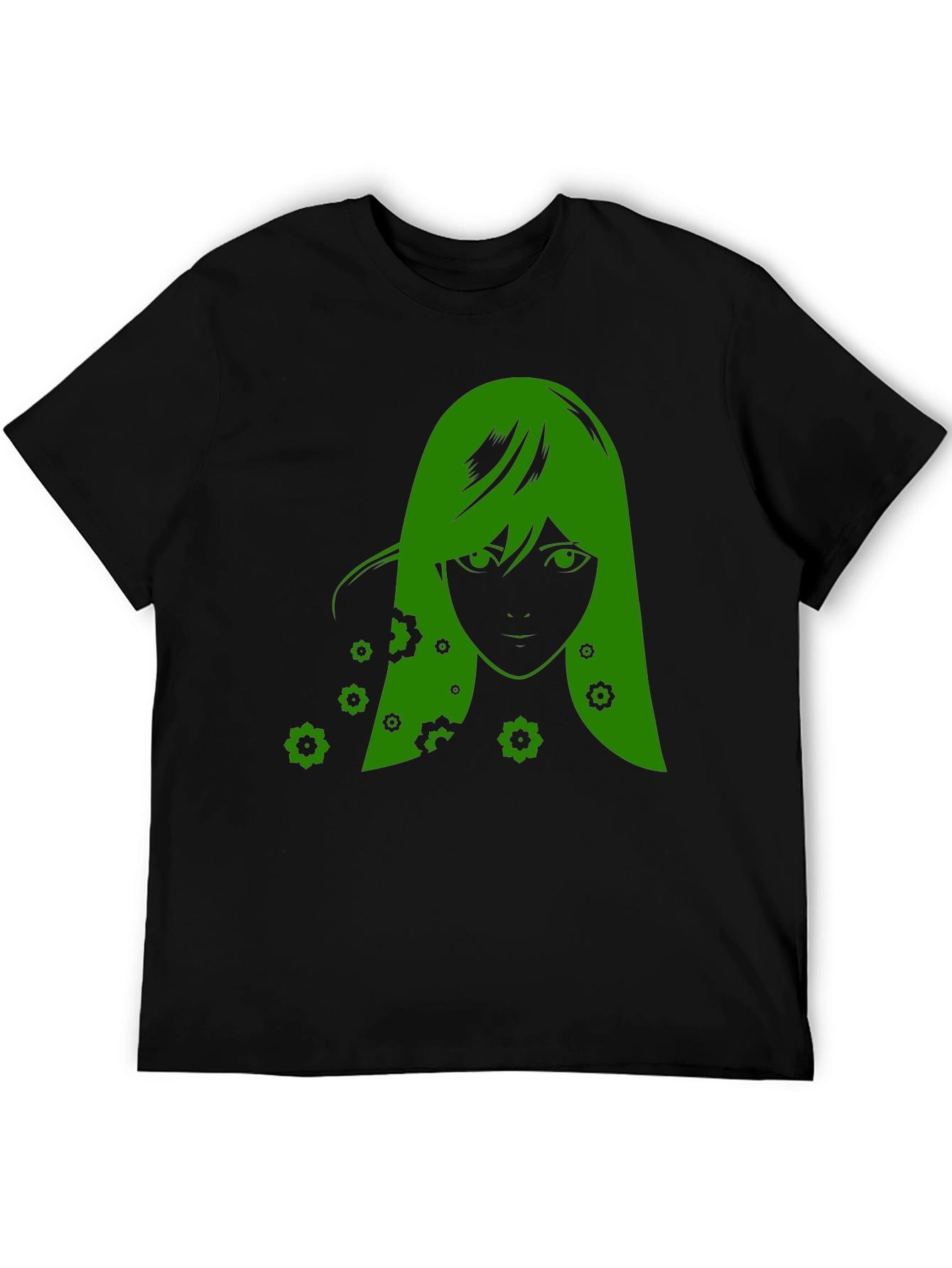Green Anime Girl Graphic Black T-Shirt