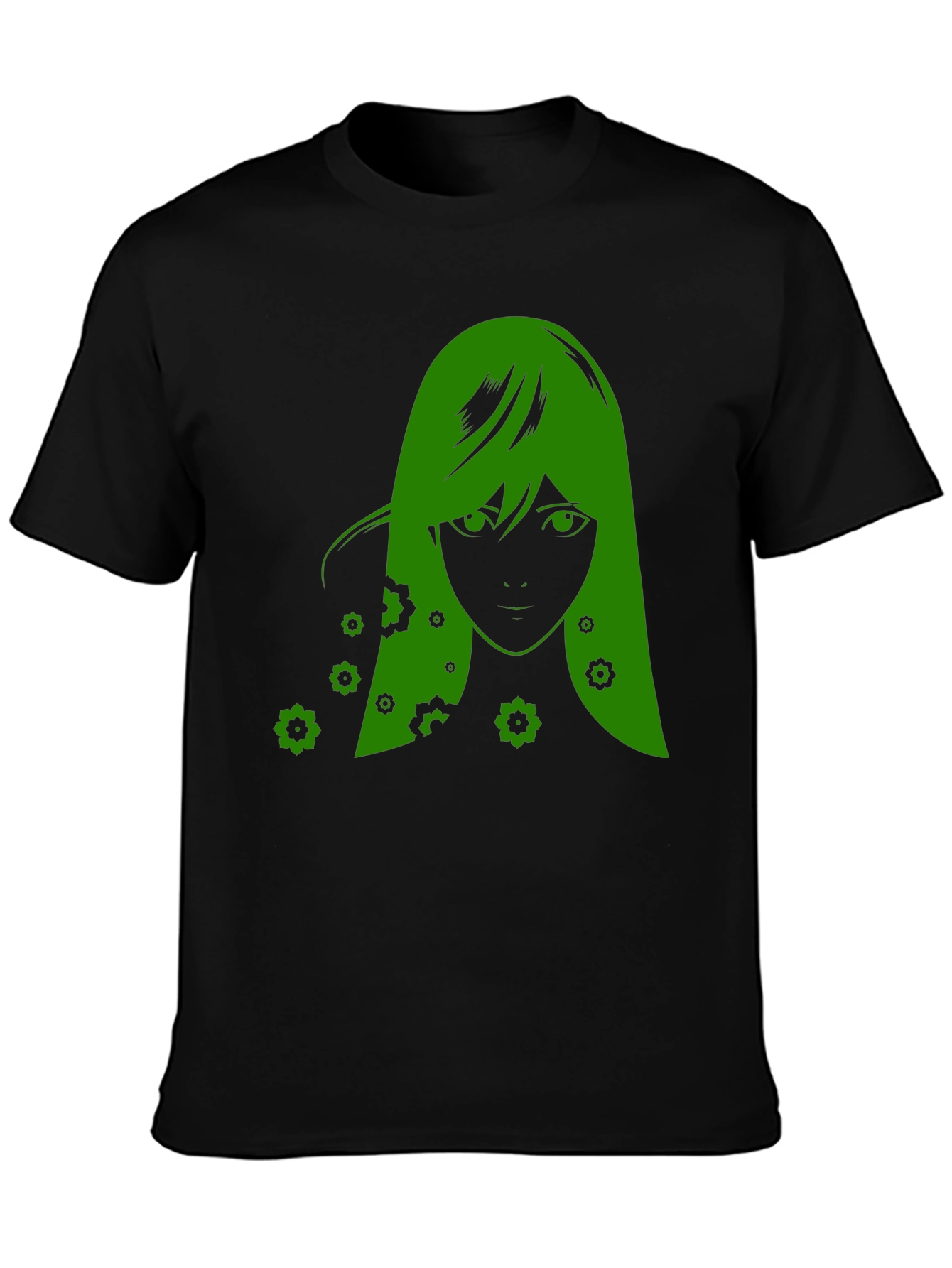 Green Anime Girl Graphic Black T-Shirt
