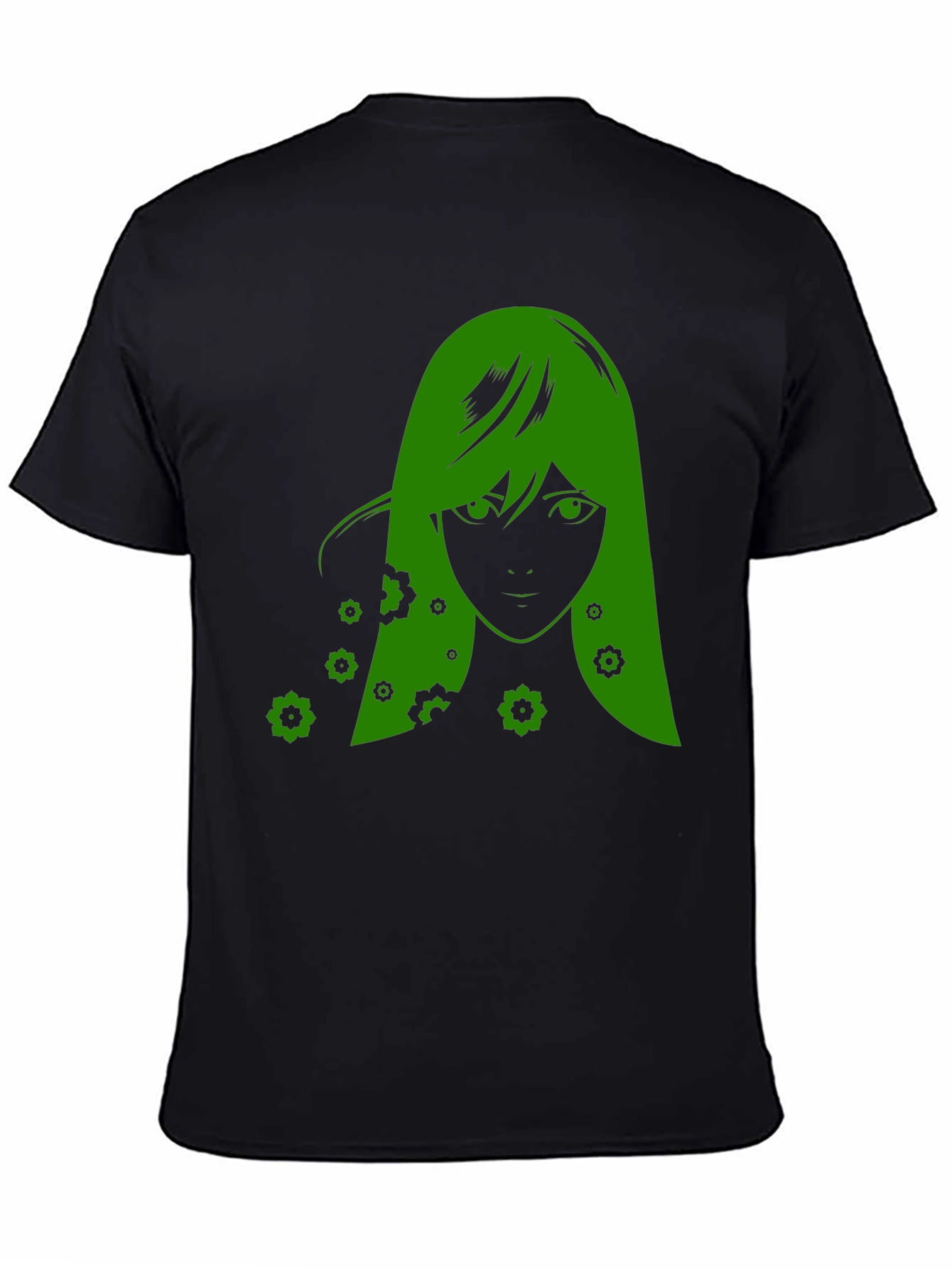 Green Anime Girl Graphic Black T-Shirt