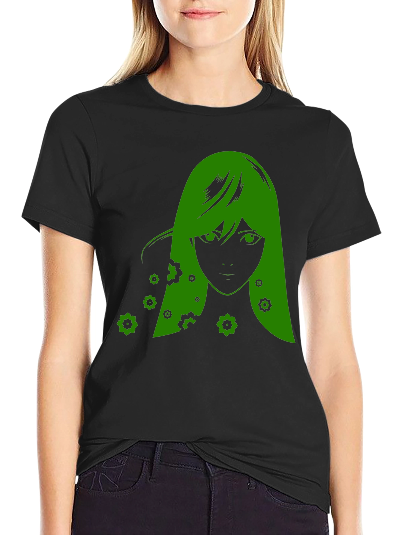 Green Anime Girl Graphic Black T-Shirt