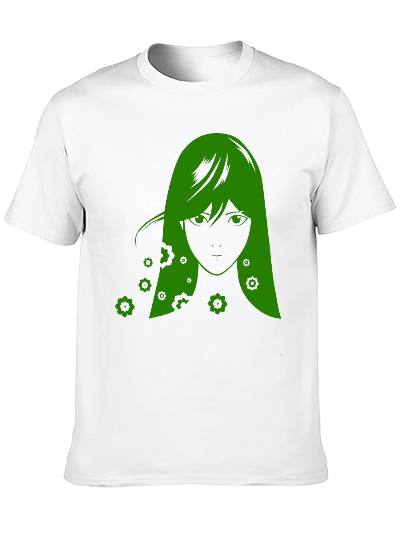 Green Anime Girl Graphic Black T-Shirt