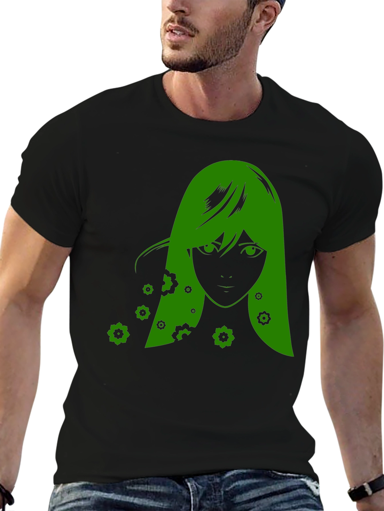 Green Anime Girl Graphic Black T-Shirt