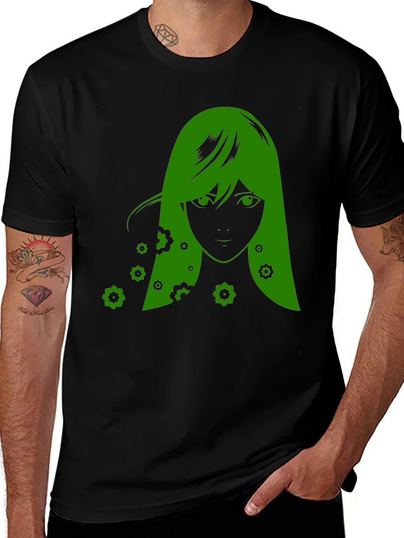 Green Anime Girl Graphic Black T-Shirt