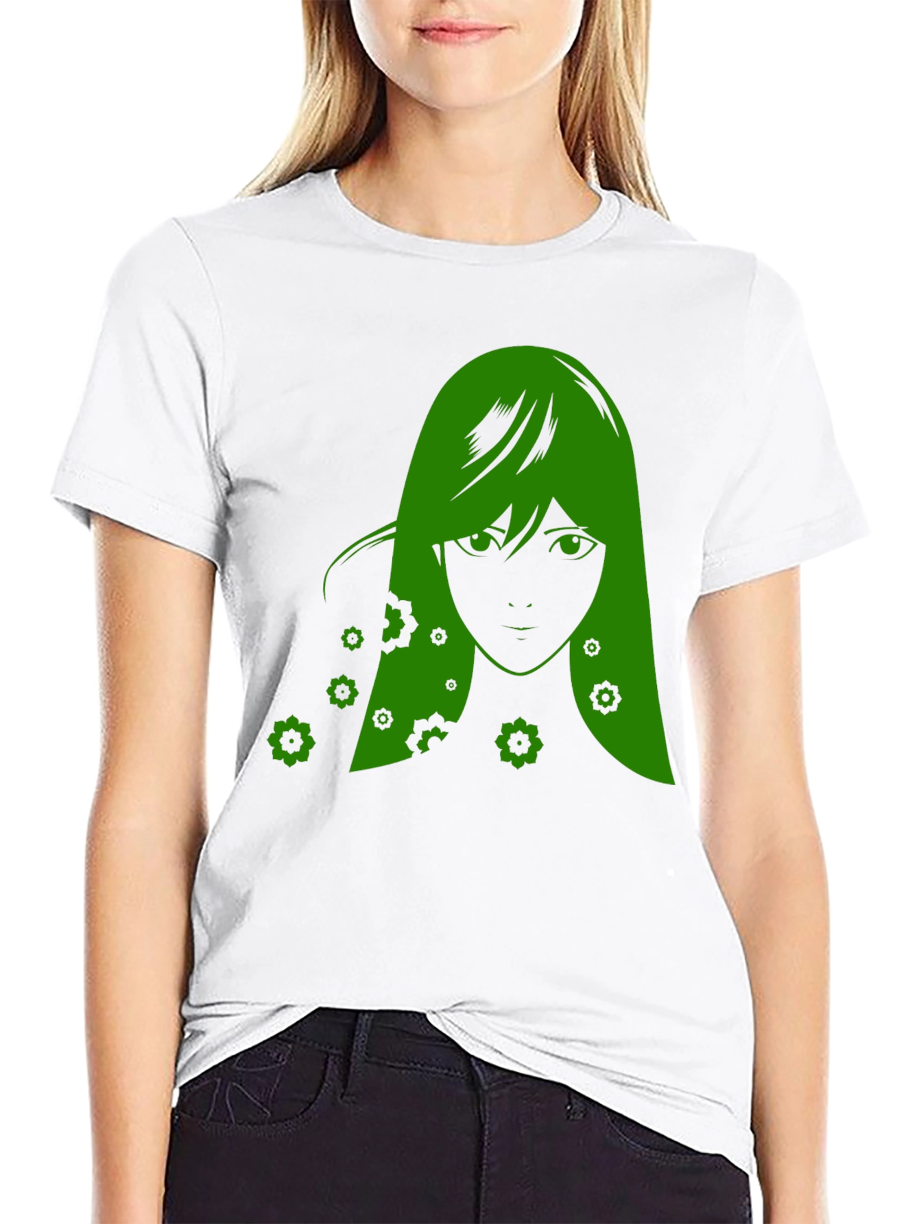 Green Anime Girl Graphic Black T-Shirt