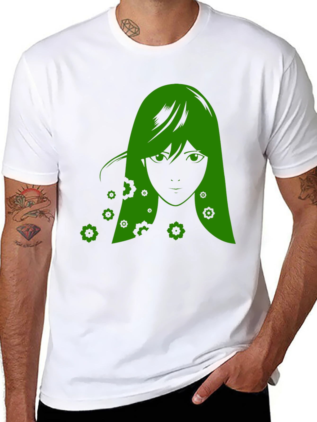 Green Anime Girl Graphic Black T-Shirt