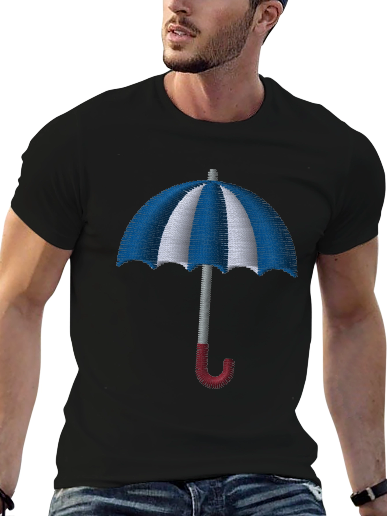 Striped Umbrella Embroidered T-Shirt - Classic Design