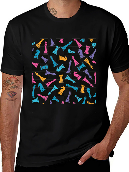 Chess Piece Pattern T-Shirt - Black