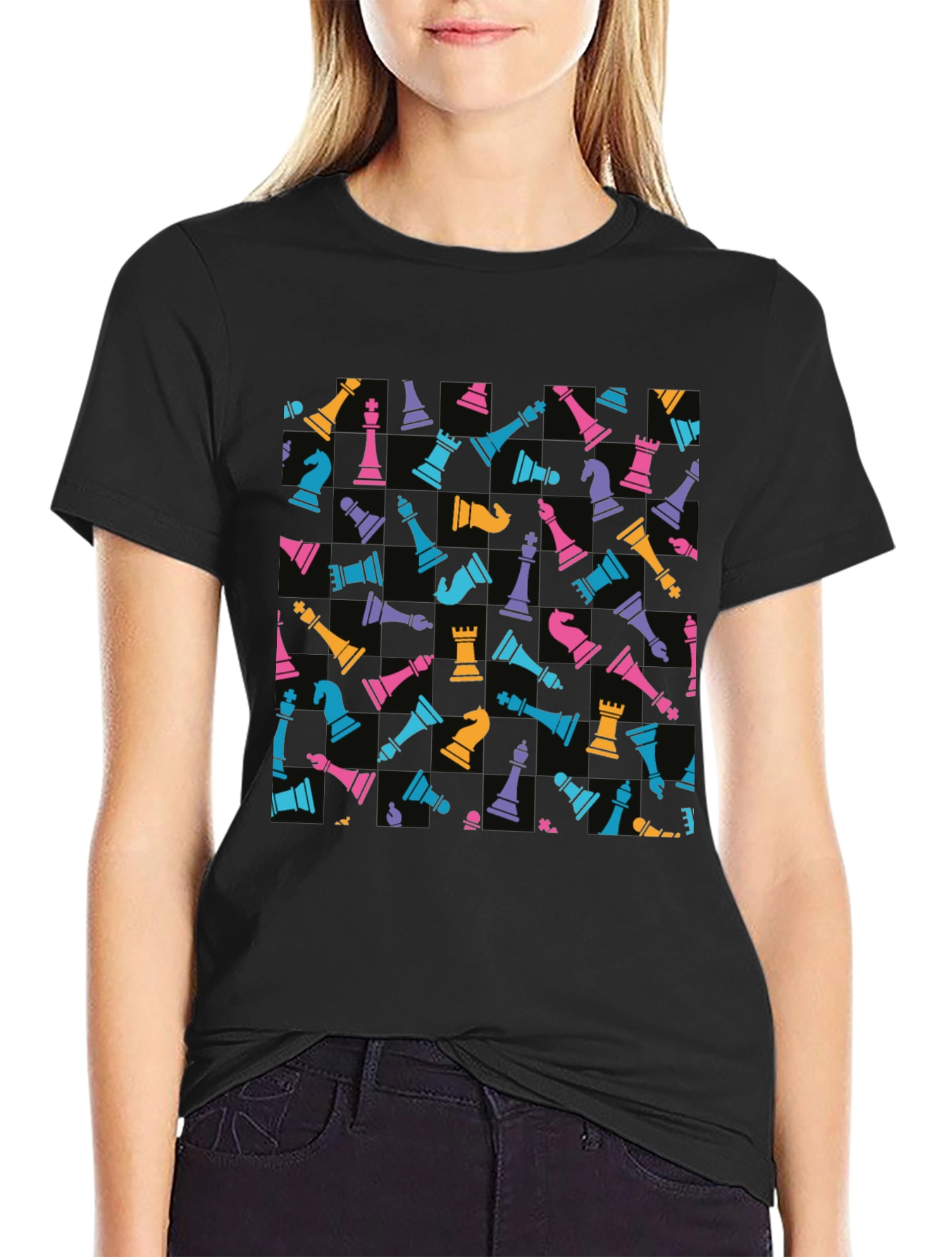 Chess Piece Pattern T-Shirt - Black