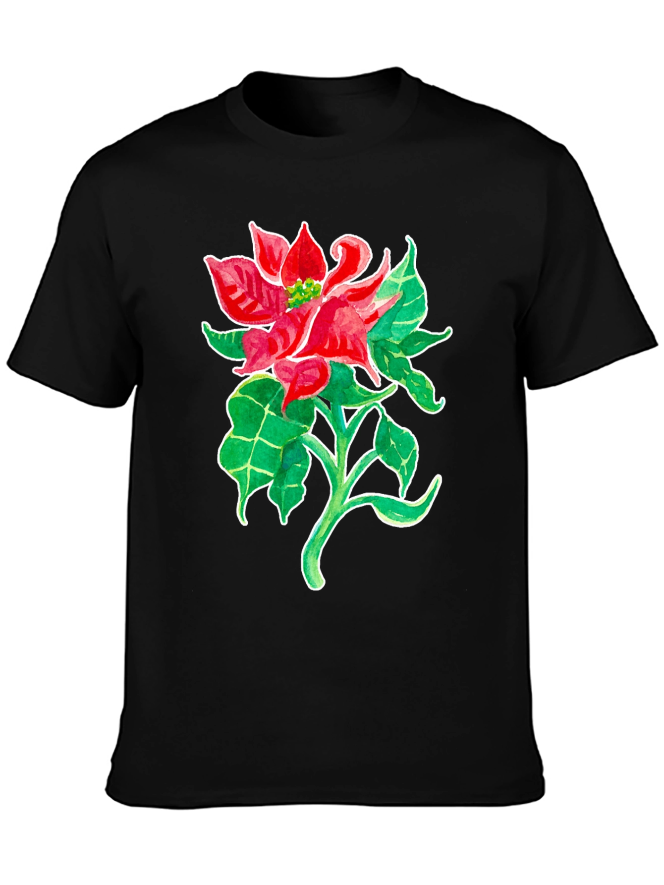 Poinsettia Flower Graphic Tee - Black Cotton Blend