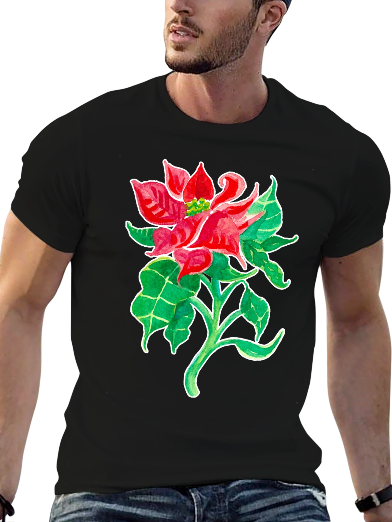 Poinsettia Flower Graphic Tee - Black Cotton Blend