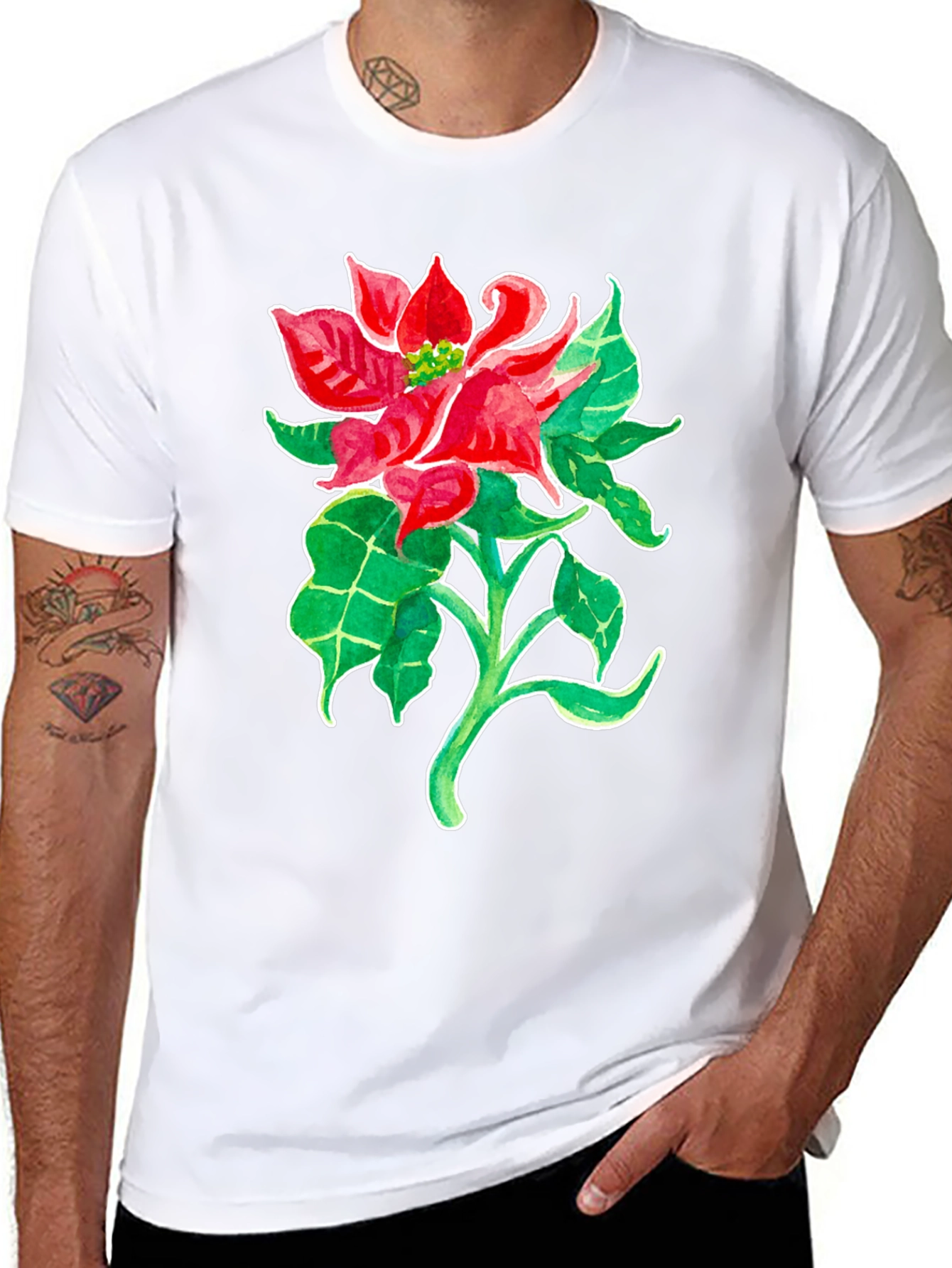 Poinsettia Flower Graphic Tee - Black Cotton Blend